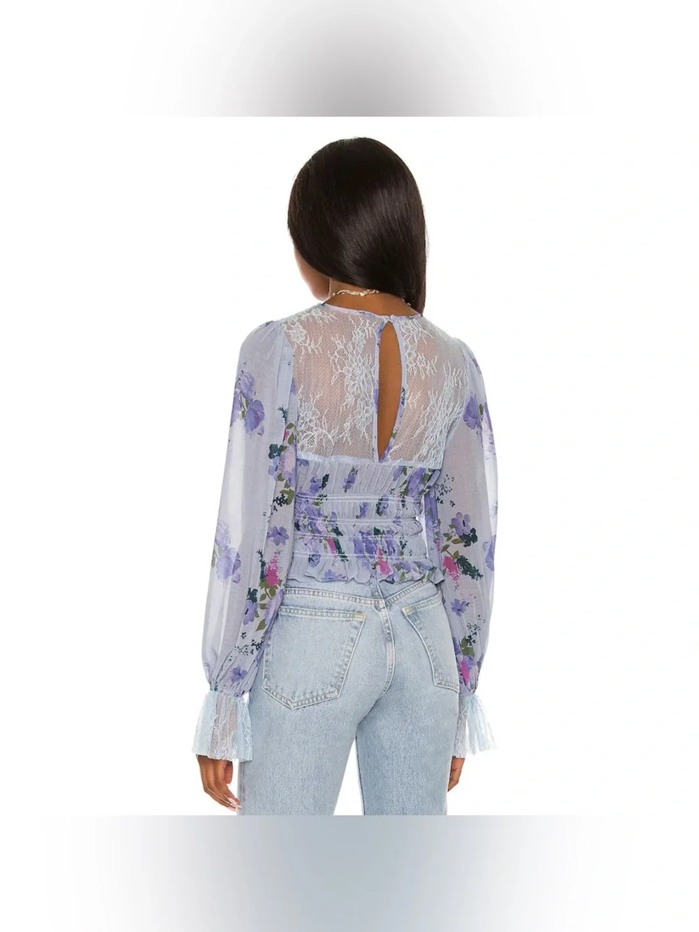 Free People Daphne Blouse in Silver Blue Combo Floral Lace Small NWT